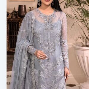 Sophisticated Silver Embroidered Long Sleeve Dress